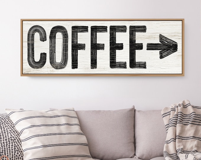 Vintage COFFEE sign with arrow > coffee bar decor for farmhouse kitchen, black and white lettering on faux weathered wood print {pww}