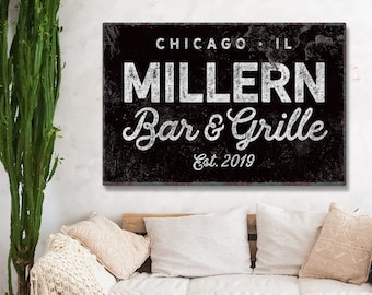 custom LAST NAME sign > Modern farmhouse print • Personalized bar & grille canvas • Rustic black vintage wall decor art {nvb}