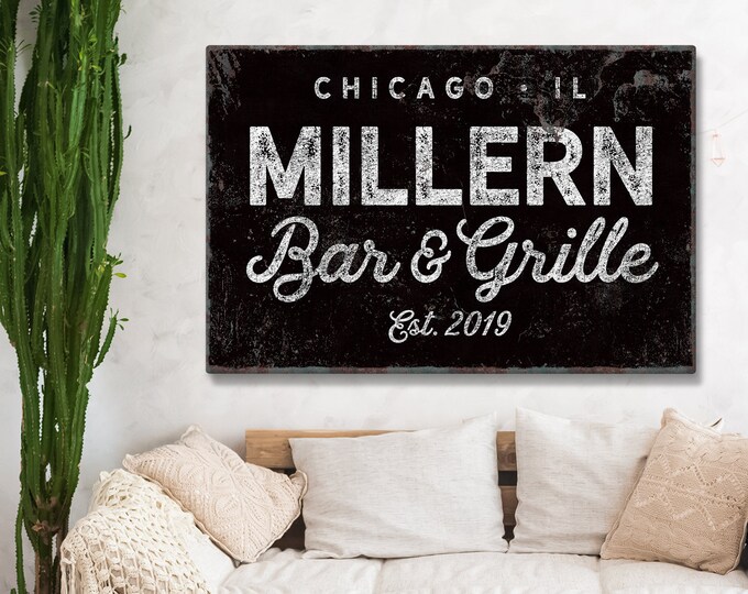 custom LAST NAME sign > Modern farmhouse print • Personalized bar & grille canvas • Rustic black vintage wall decor art {nvb}