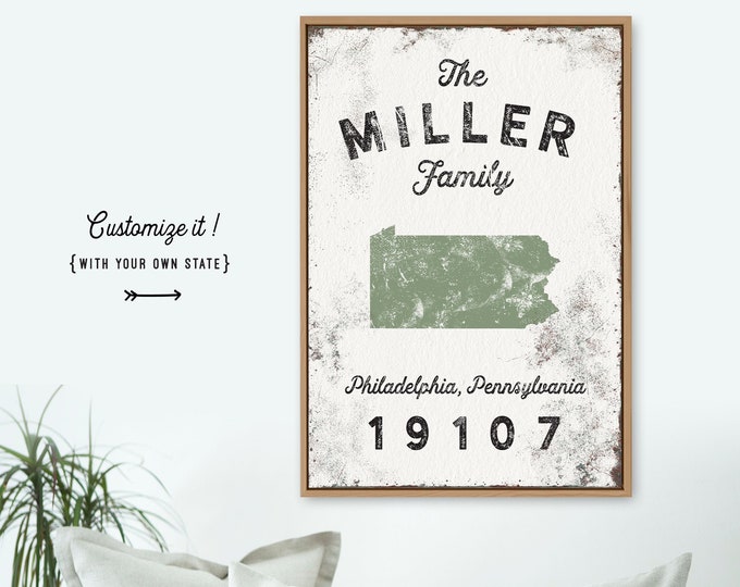 personalized FAMILY NAME sign > modern farmhouse decor, custom state art with family name and zip code (Philadelphia, Pennsylvania)