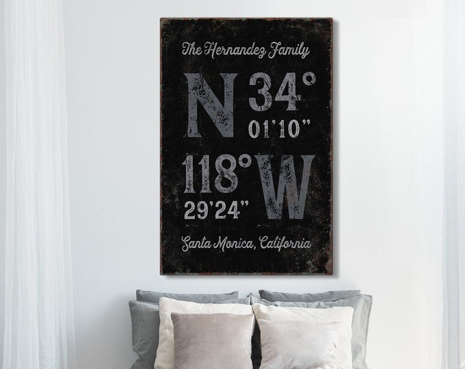 personalized COORDINATES print > custom family name canvas, gray and black wall art for vintage farmhouse decor, distressed rusty sign {gpb}