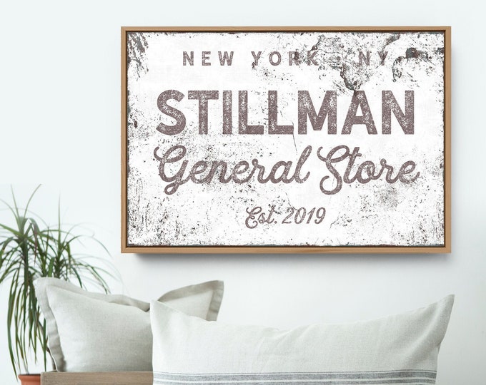 personalized LAST NAME print > Modern farmhouse canvas • Custom general store sign • Rustic white vintage wall decor art {nvw}