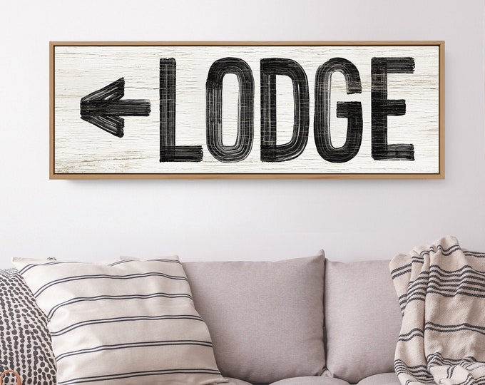 Ski LODGE decor for above couch > large LODGE sign with arrow, vintage black and white ski house decor, faux weathered wood print {pww}