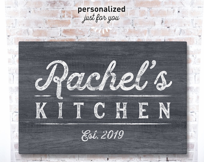 personalized KITCHEN sign > Slate gray custom name canvas • Modern farmhouse wall decor • Rustic faux wood sign • Year established print