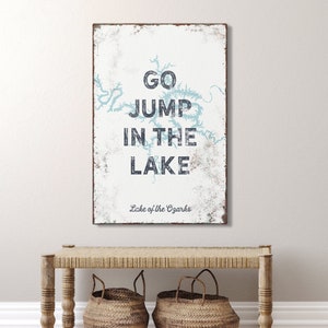 Vintage Lake of the Ozarks Sign &gt; &quot;go jump in the lake&quot; poster, tide blue lake house art print, custom wall art for farmhouse decor {lsw}