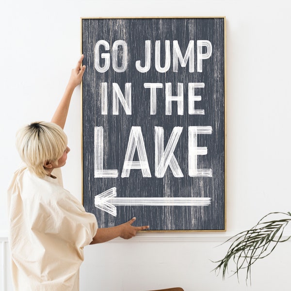 Go jump in the LAKE sign > blue gray LAKE HOUSE decor, coastal wall art, directional left arrow art, faux vintage wood canvas print  {pwo}