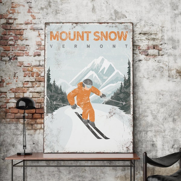 Custom MOUNT SNOW poster • Orange Vermont ski mountain wall art • Vintage travel art canvas • Ski gift for boyfriend • Ski house decor {vpw}