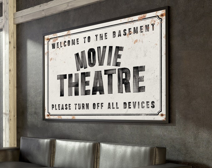 Custom Movie Theatre Sign, Extra Large Framed Canvas Print for Above Couch, Gift for Movie Buff, Retro Black & White Wall Art Canvas {hpa}