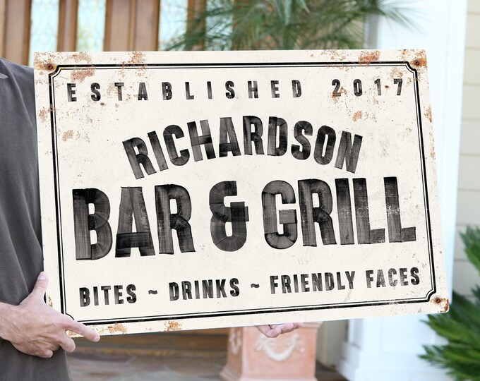 Vintage Bar and Grill Sign, Personalized Aluminum Sign for Outdoor Patio, Canvas for Dining Room Decor, Large Metal or Framed Wall Art {hpa}