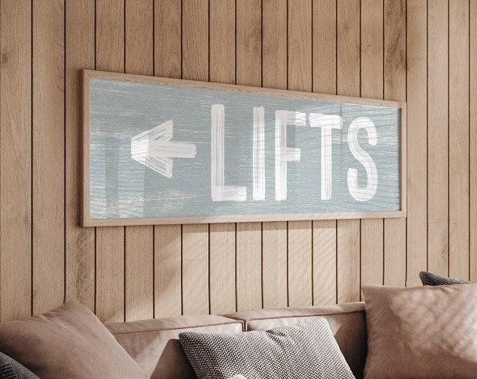 long skinny ski LIFTS sign in smoke gray, vintage skiing sign, ski lodge directional, mountain chalet decor, faux weathered wood sign {pwo}