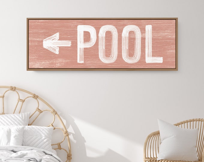 Large POOL sign with arrow, vintage pool directional art, coral pink sign for above bed, pool sign for lanai or outdoor patio {pwo}