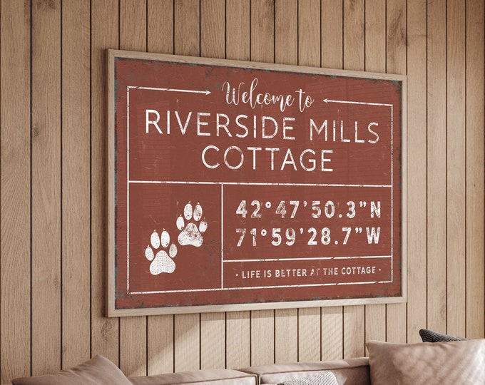 custom COORDINATES sign, personalized last name canvas, grid sign with paw prints icon, life is better at the cabin, country cabin decor gdb