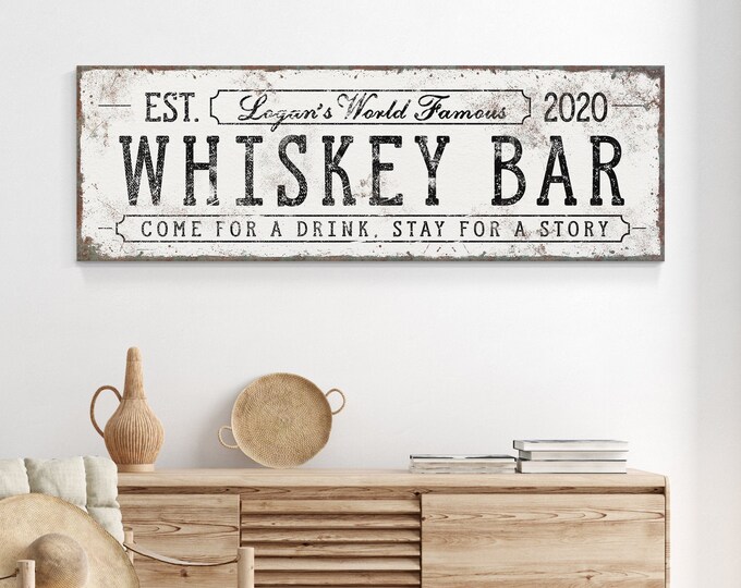 personalized WHISKEY BAR sign • custom bar cart accessory for home bar • large vintage bar sign • antique white farmhouse decor {svw}