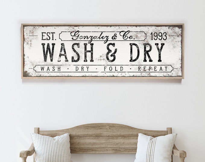 personalized WASH & DRY sign • custom laundry room decor • antique white farmhouse decor • vintage wall art gift {svw}