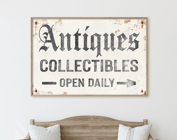 vintage ANTIQUES COLLECTIBLES sign > custom arrow wall art • antique white farmhouse decor • distressed black and white canvas {asw}