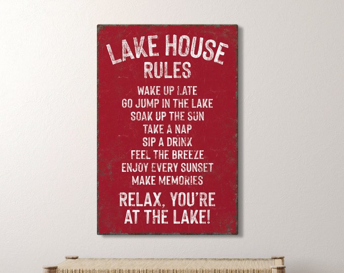 vintage "lake house rules" sign > dark red sign art print, custom lakehouse decor, distressed lake house gift, vacation rental decor