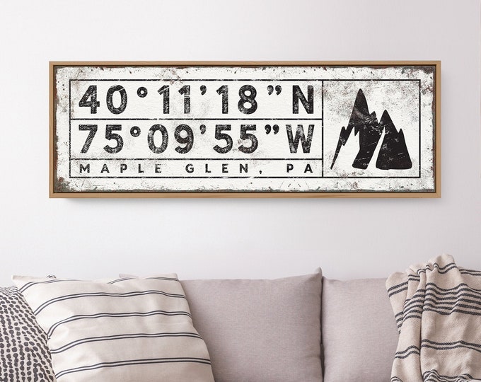 rustic COORDINATES sign with mountain > outdoorsy print with latitude & longitude, personalized GPS location wall art for cabin decor {sgw}