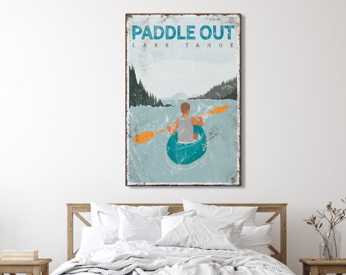 vintage PADDLE OUT sign > teal kayak poster for vintage lake house decor, custom kayaking gift for her, personalized Lake Tahoe art {vpl}