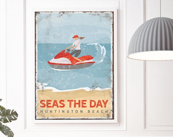 retro BEACH JETSKI poster, vintage huntington beach sign, custom text and accent colors, personalized beach house canvas prints {vpb}