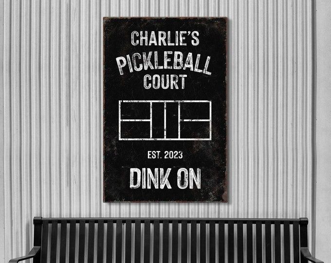 Black personalized PICKLEBALL GIFT, Personalized COURT Sign > Custom Name, Year Established and Colors, Black and White - Dink On!
