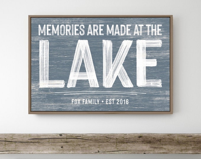 personalized LAKE HOUSE decor > harbor blue "memories are made at the LAKE" sign with last name, vintage faux weathered wood canvas  {pwo}