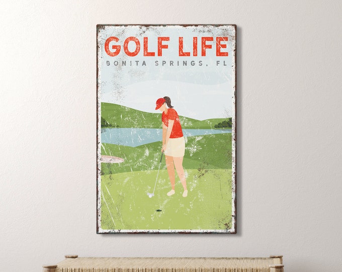 vintage GOLF LIFE sign  personalized female golfer canvas for beach house decor, golf gift for her, Florida Country Club golfing art {vpg}