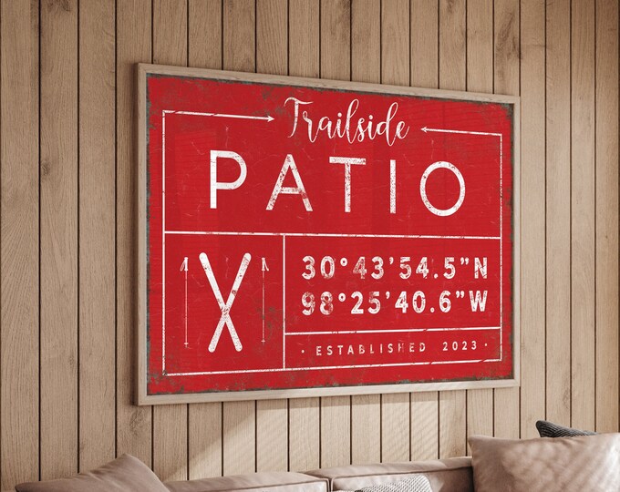 custom TRAILSIDE PATIO canvas sign in red, personalized last name print for farmhouse decor, ski LODGE gps coordinate, rustic wall art {gdo}