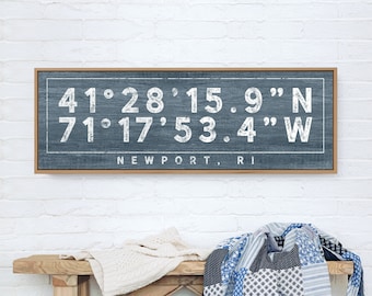 Harbor Blue COORDINATES Sign > Distressed farmhouse print, Custom GPS location latitude + longitude sign, canvas wall art print {s}