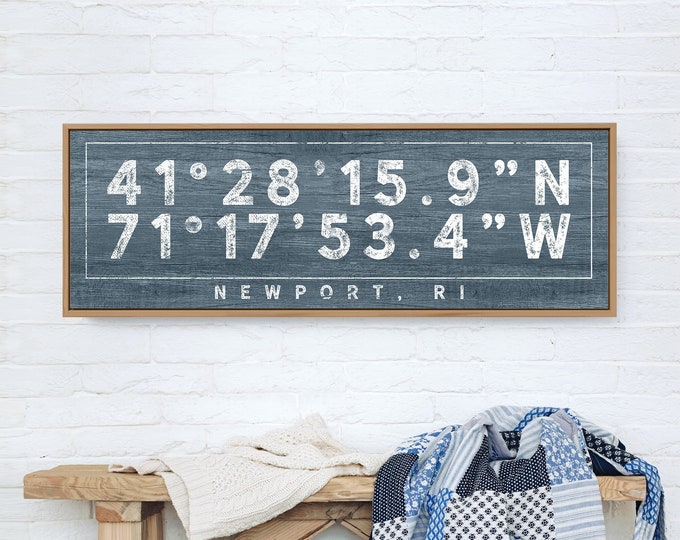 Harbor Blue COORDINATES Sign > Distressed farmhouse print, Custom GPS location latitude + longitude sign, canvas wall art print {s}