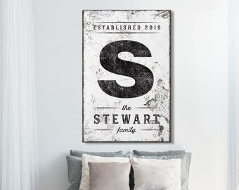 Vintage INITIAL MONOGRAM sign > Black & white last name print • Modern farmhouse faux rusty metal sign • Distressed year established canvas