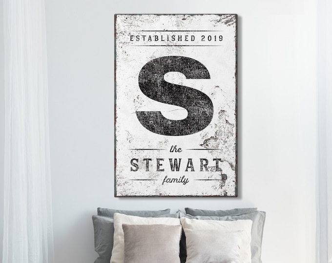 Vintage INITIAL MONOGRAM sign > Black & white last name print • Modern farmhouse faux rusty metal sign • Distressed year established canvas