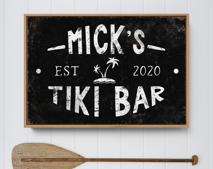 TIKI BAR sign > rustic bar canvas for modern beach house decor, black and white home bar wall art, vintage palm trees and island art print