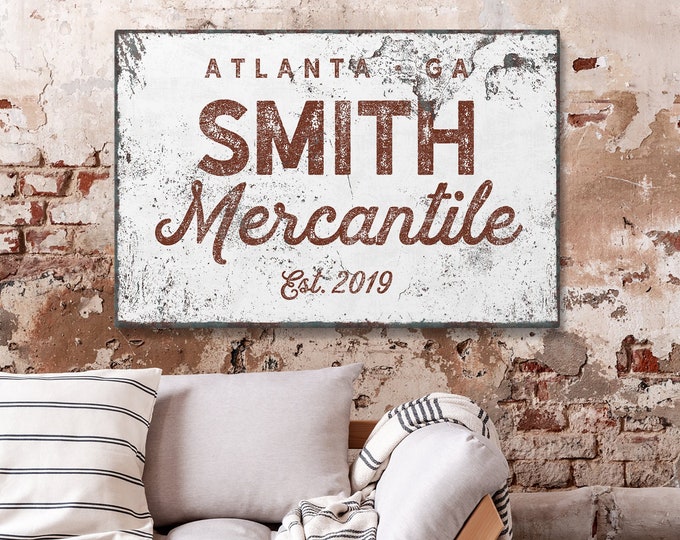 custom MERCANTILE sign for farmhouse decor > large vintage wall hanging, faux rusty metal wall art xl, red personalized gift for Dad {nvw}