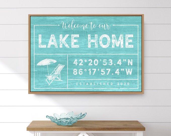 aqua blue LAKEHOUSE welcome sign > personalized coordinates canvas, family name for lake home decor, beach blue print with beach chair {gdo}