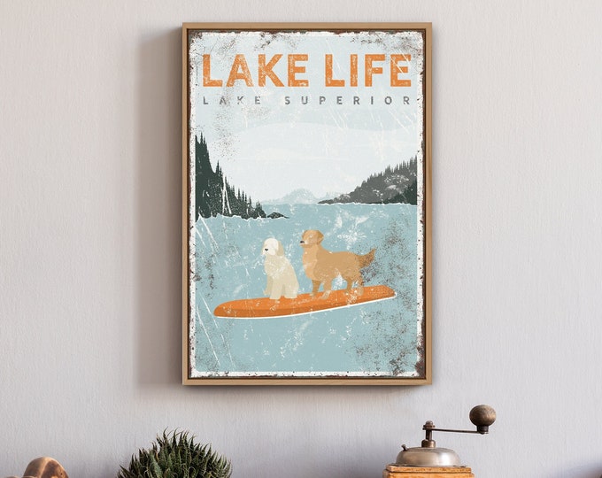 LAKE LIFE sign with dogs on paddleboard, Lake House Sign with Custom Dogs, Goldendoodle and Golden Retriever, Vintage Lake Superior {vpl}