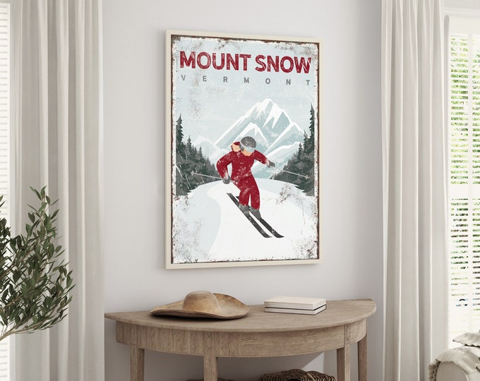 Custom MOUNT SNOW poster, maroon Vermont ski mountain wall art, vintage ski mountain canvas, ski gift for boyfriend, ski house decor {vpw}