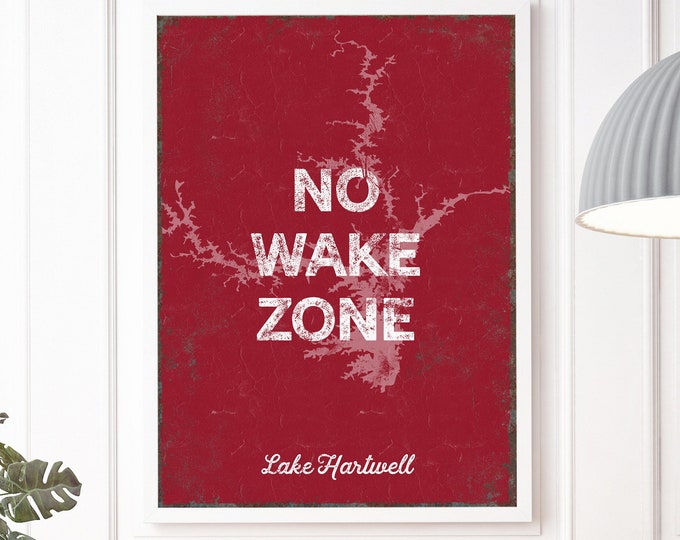 NO WAKE ZONE lake sign, vintage Lake Hartwell canvas print in Dark Red, personalized lake house sign, realtor gift idea, Lake House Wall Art