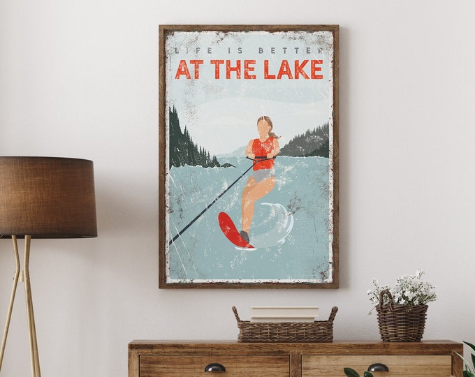 vintage AT THE LAKE sign > personalized water skiing poster for lake home decor, slalom water ski gift for him, red vintage lake art {vpl}