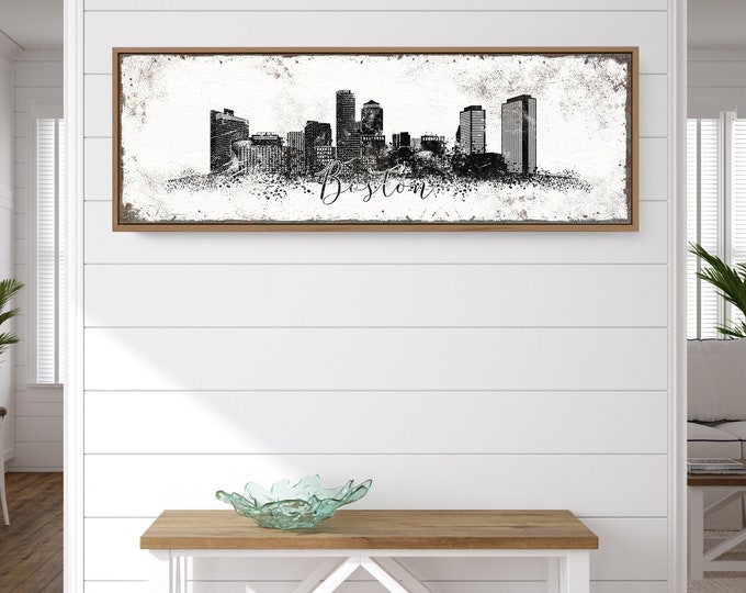 BOSTON CITY SKYLINE poster, black and white wall art, modern farmhouse decor, extra large art print, long skinny framed canvas, custom city