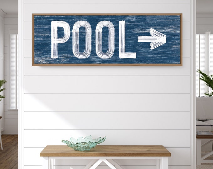 Large POOL sign with arrow, vintage pool directional art, nautical navy blue sign for above couch, pool sign for lanai or patio {pwo}