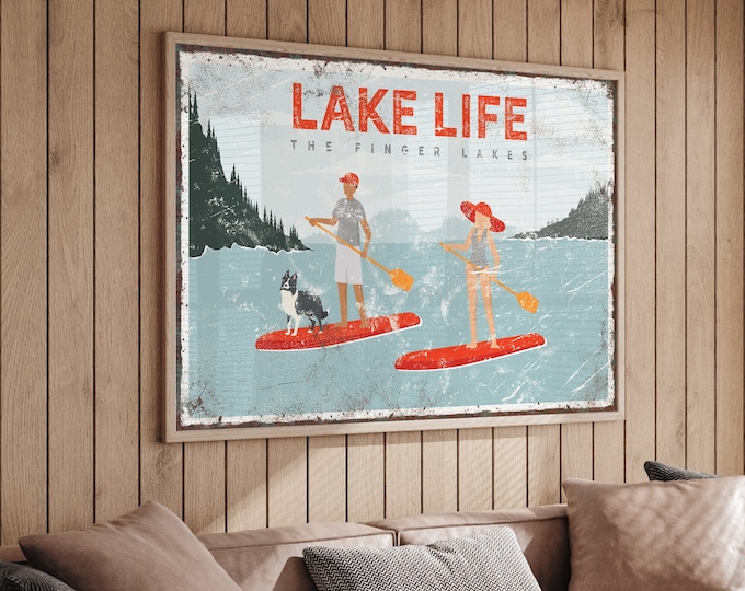 red LAKE LIFE poster, couple paddleboarding with dog (border collie), the Finger Lakes canvas print, personalized lake house decor {VPL}