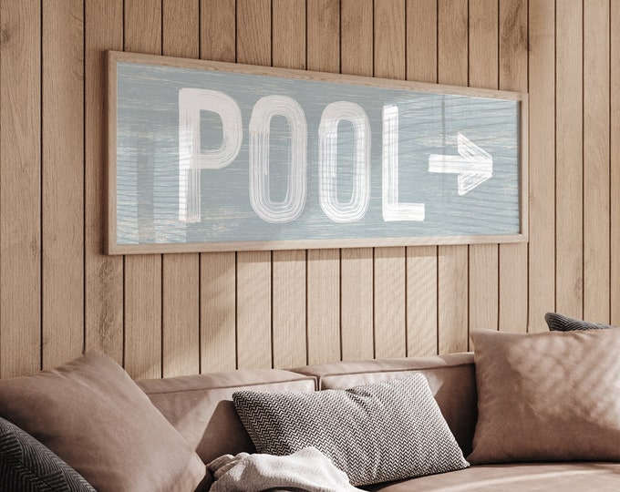 Large POOL sign with arrow, vintage pool directional art, smoke gray pool sign for above couch, pool sign for lanai or outdoor patio {pwo}