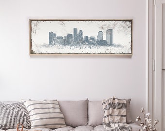 BOSTON CITY SKYLINE poster, harbor blue and white wall art, custom modern farmhouse decor, extra large art print, long skinny framed canvas