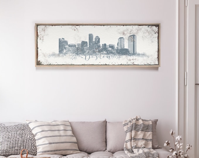 BOSTON CITY SKYLINE poster, harbor blue and white wall art, custom modern farmhouse decor, extra large art print, long skinny framed canvas