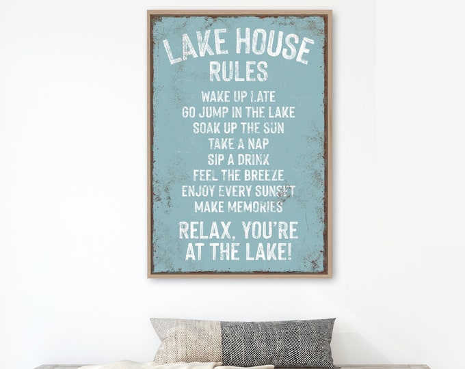 vintage "lake house rules" sign > tide blue sign art print, custom lakehouse decor, distressed lake house gift, vacation rental decor