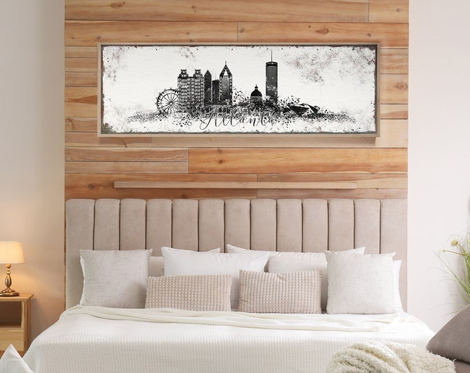 ATLANTA SKYLINE poster, black and white wall art for modern farmhouse decor, extra large art print, custom framed canvas, custom skyline art