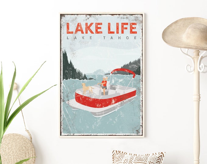 vintage LAKE TAHOE canvas, personalized pontoon boat art for lake house decor, girl boating with dog, Golden Labrador, retro lake art {vpl}
