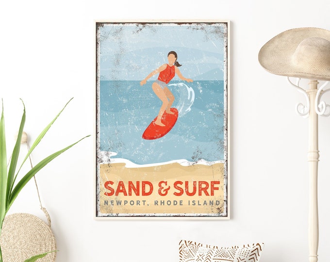 vintage BEACH poster, retro woman surfing sign, sand and surf, custom text, personalized beach house canvas, Newport Rhode Island sign {vpb}