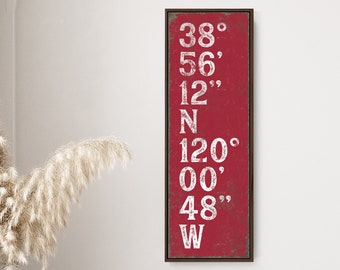 custom Dark Red and White Coordinates Sign, Tall & Narrow Framed Canvas Art Print, Typography Wall Art for Modern Farmhouse Decor {tgb}