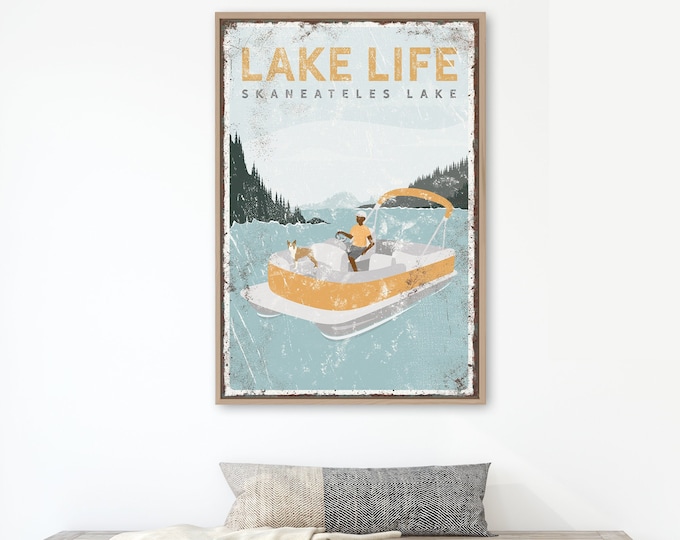 personalized PONTOON boat sign • Yellow Accent • LAKE LIFE • Skaneateles Lake print with dog • Boston Terrier • Lake house decor gift {vpl}